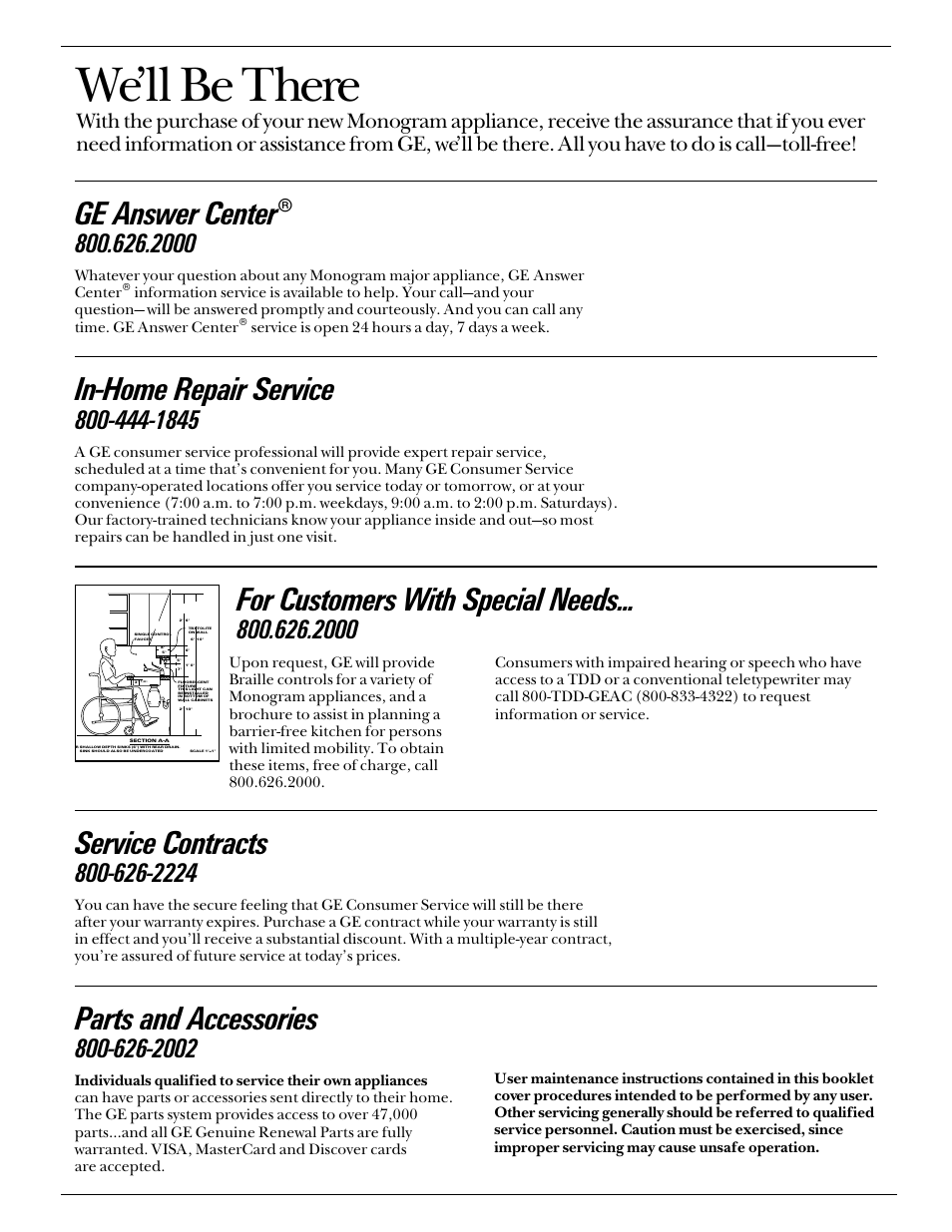 Consumer services, We’ll be there, In-home repair service | Ge answer center, Service contracts, Parts and accessories, For customers with special needs | GE Monogram ZBD4700 User Manual | Page 14 / 16