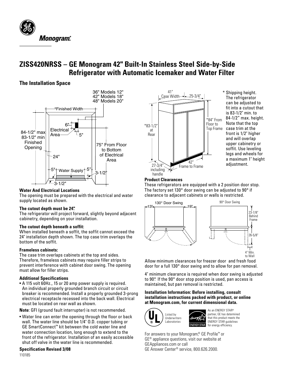 GE Monogram ZISS420NRSS User Manual | 2 pages
