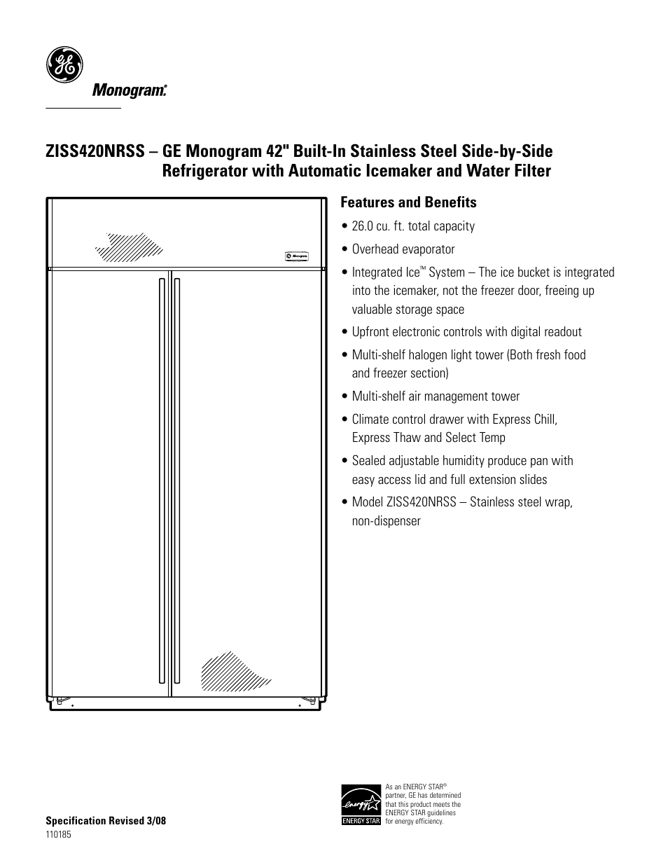 Ziss420nrss, Features and benefits | GE Monogram ZISS420NRSS User Manual | Page 2 / 2