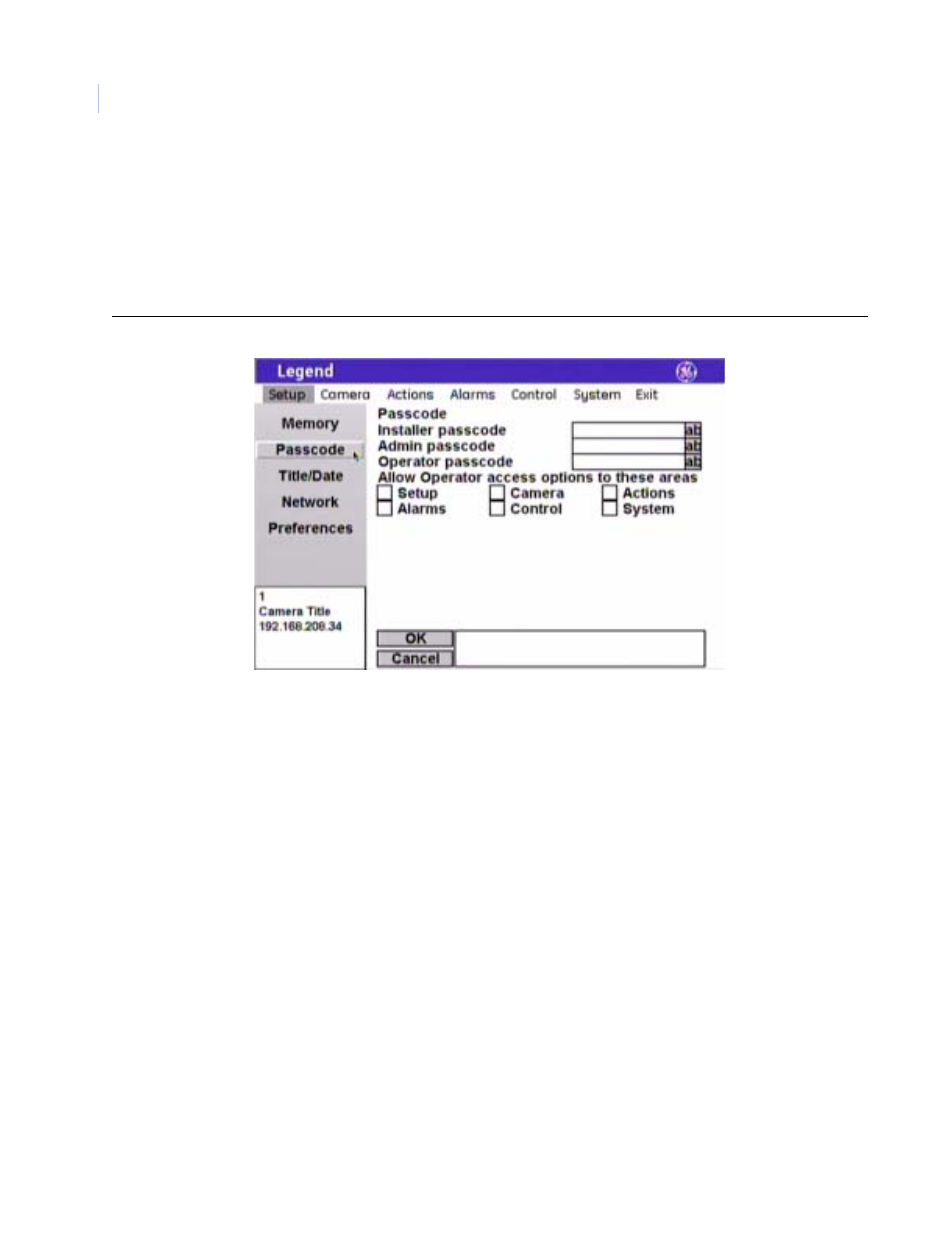 Figure 17. passcode screen ( setup | passcode ) | GE Monogram Security Legend Camera User Manual | Page 16 / 77