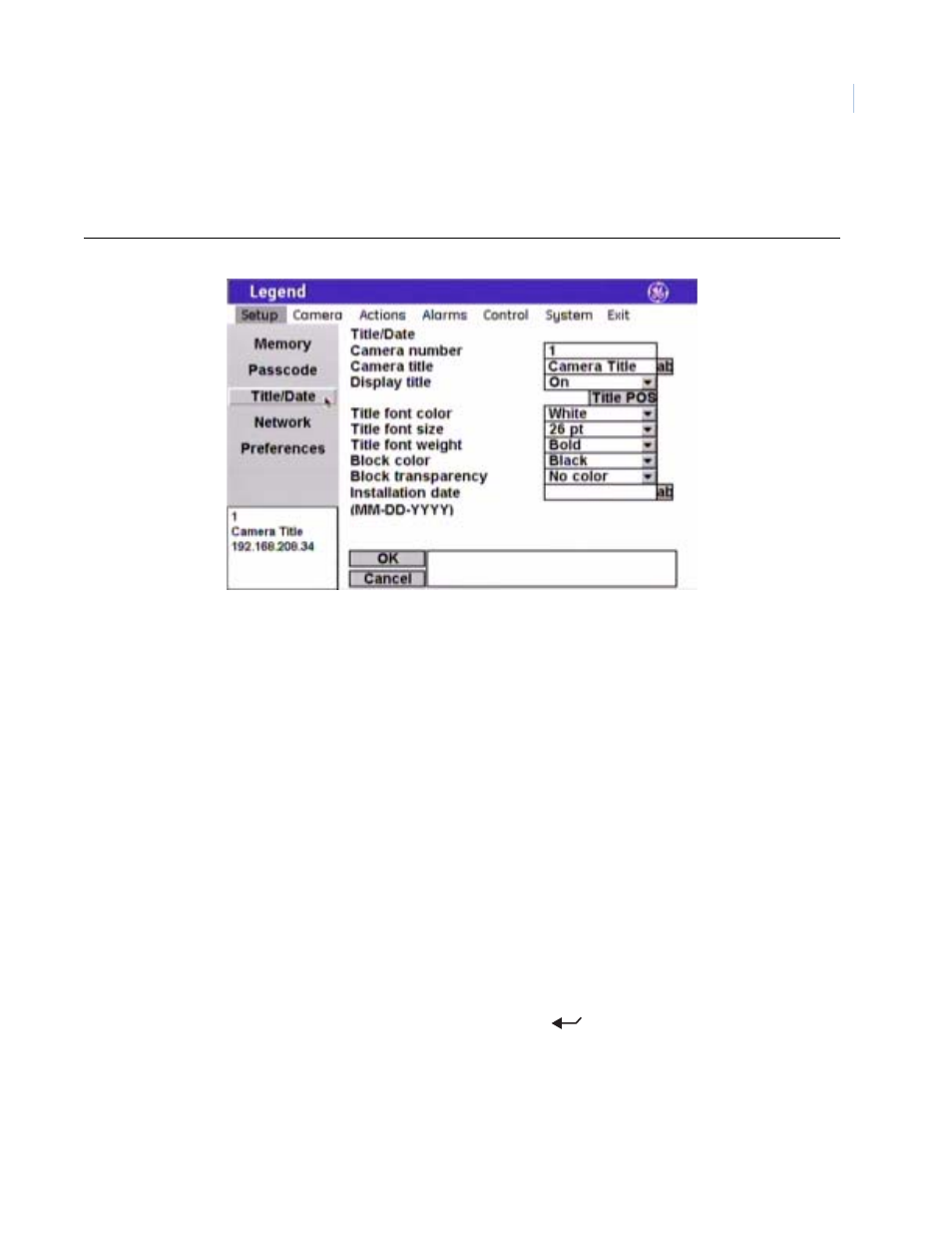 Title/date screen ( setup | title/date ) | GE Monogram Security Legend Camera User Manual | Page 17 / 77