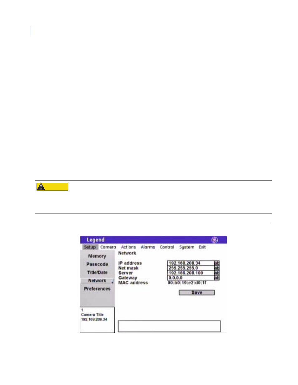Network screen ( setup | network ), Figure 19. network screen ( setup | network ) | GE Monogram Security Legend Camera User Manual | Page 18 / 77