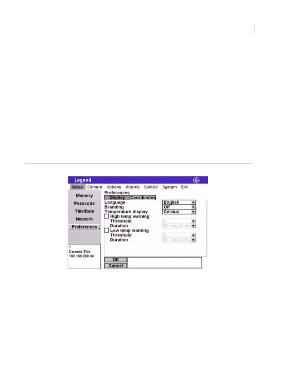 Preferences screen ( setup | preferences ) | GE Monogram Security Legend Camera User Manual | Page 19 / 77