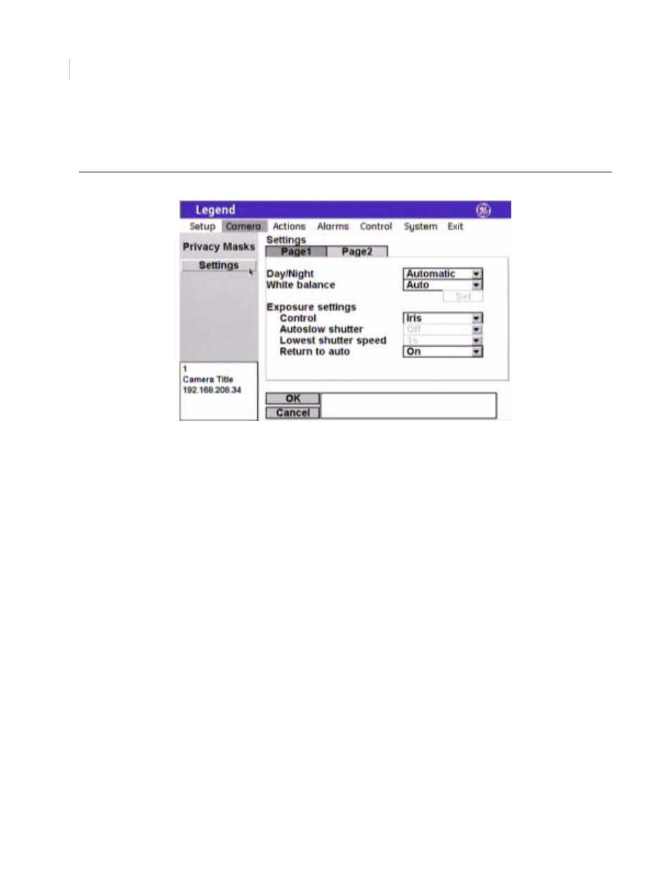 Settings screen ( camera | settings ) | GE Monogram Security Legend Camera User Manual | Page 26 / 77