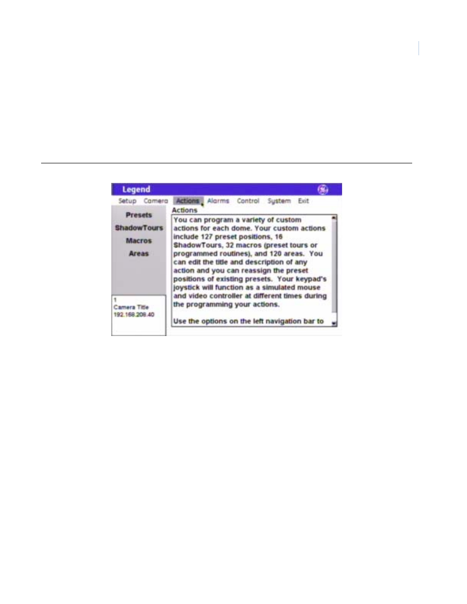 Actions menu, Figure 30. actions menu, Presets screen ( actions | presets ) | Duration, and exposure settings. see, Presets screen, Actions | presets ) | GE Monogram Security Legend Camera User Manual | Page 33 / 77