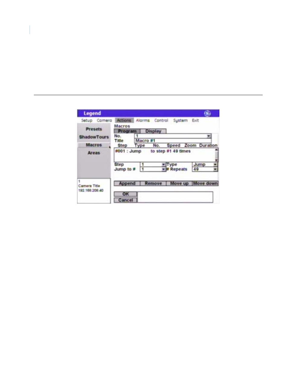 Macros screen ( actions | macros ) | GE Monogram Security Legend Camera User Manual | Page 44 / 77