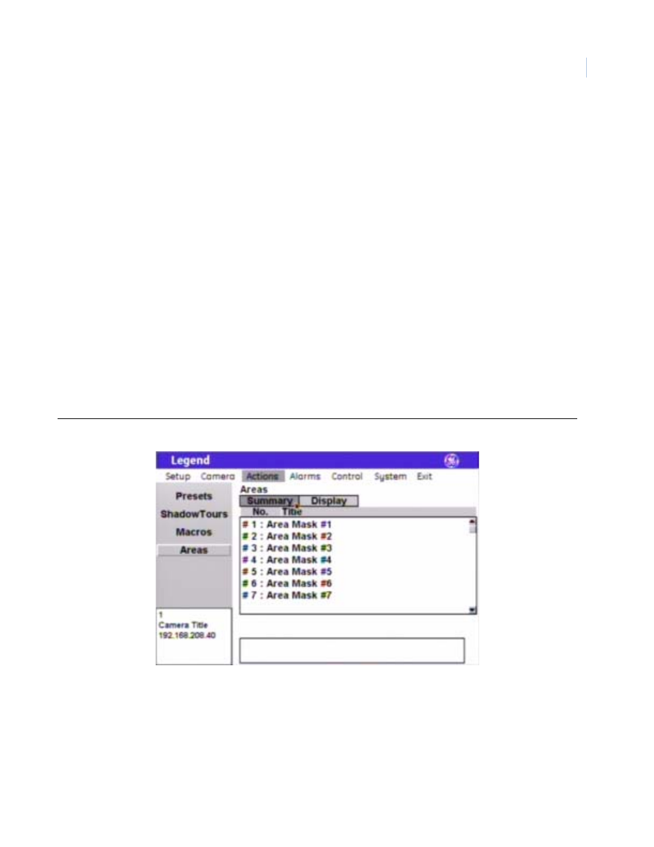 Areas screen ( actions | areas ) | GE Monogram Security Legend Camera User Manual | Page 47 / 77