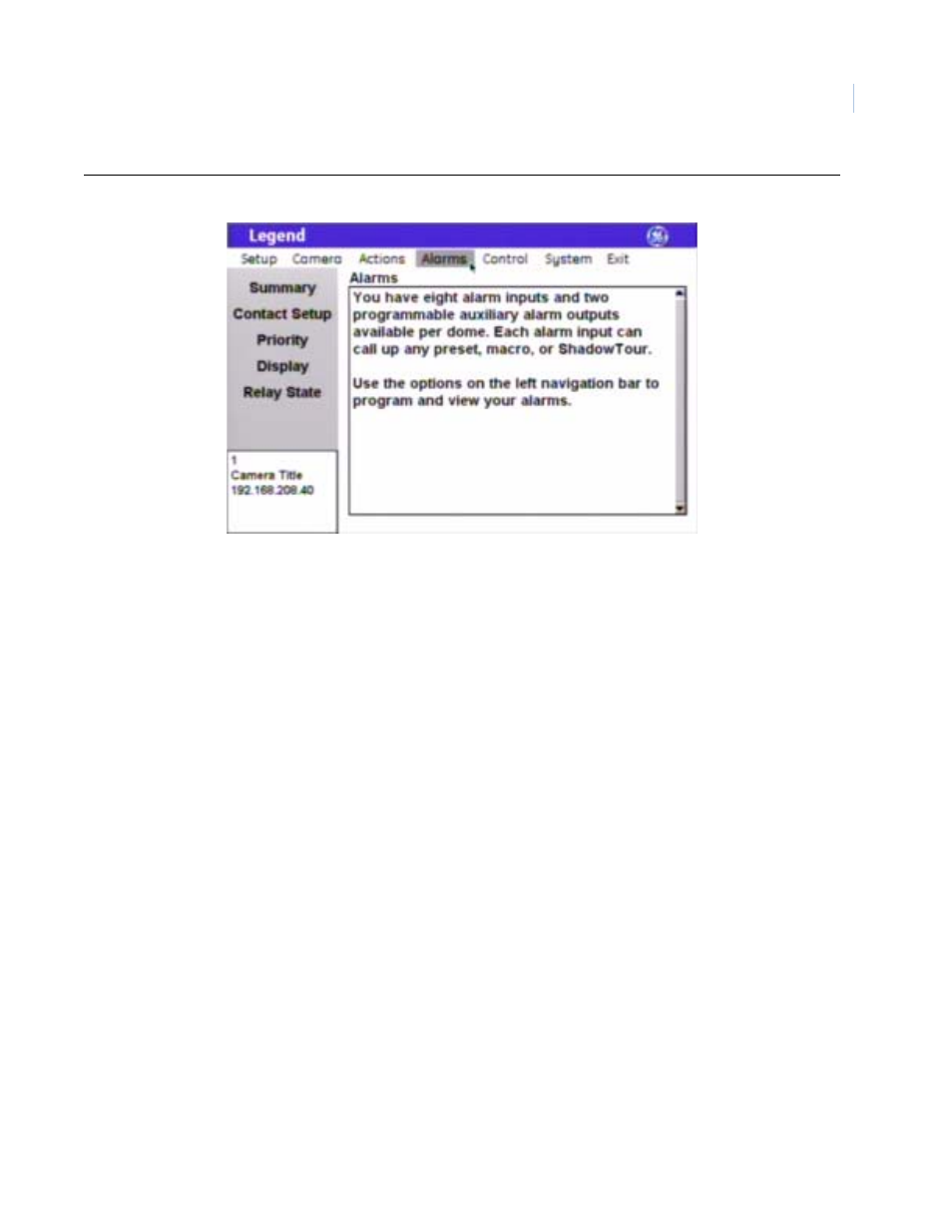 Figure 40. alarms menu, Summary screen ( alarms | summary ) | GE Monogram Security Legend Camera User Manual | Page 51 / 77