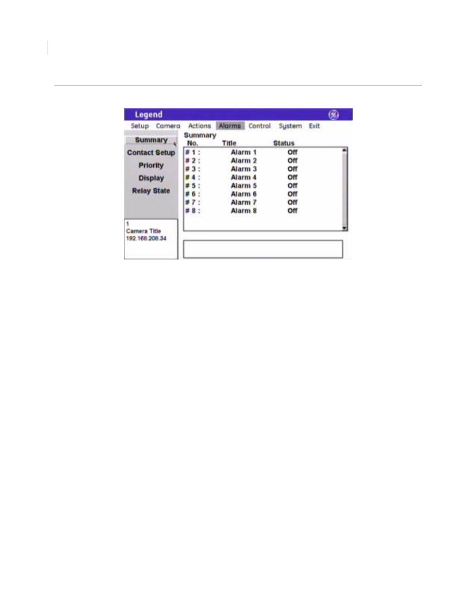 Figure 41. summary screen ( alarms | summary ) | GE Monogram Security Legend Camera User Manual | Page 52 / 77