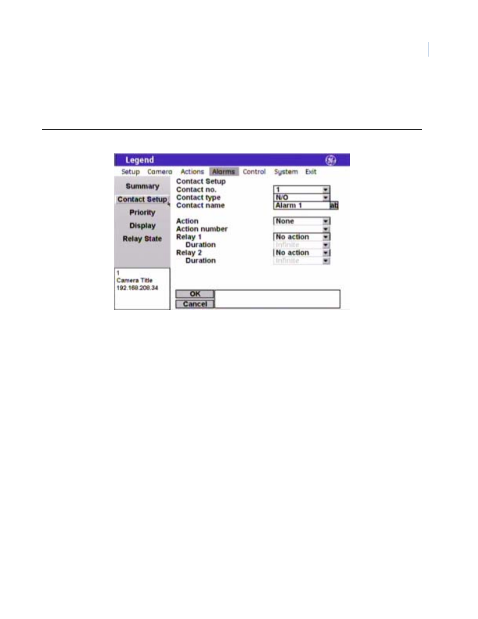 Contact setup screen ( alarms | contact setup ) | GE Monogram Security Legend Camera User Manual | Page 53 / 77