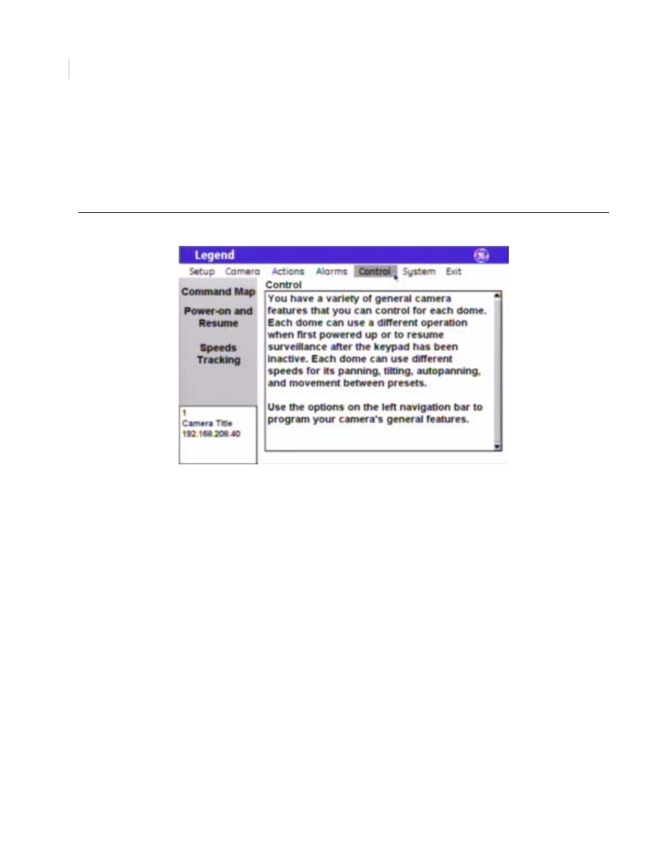 Control menu, Figure 46. control menu, Command map screen ( control | command map ) | Command map screen, Control | command map ) | GE Monogram Security Legend Camera User Manual | Page 58 / 77