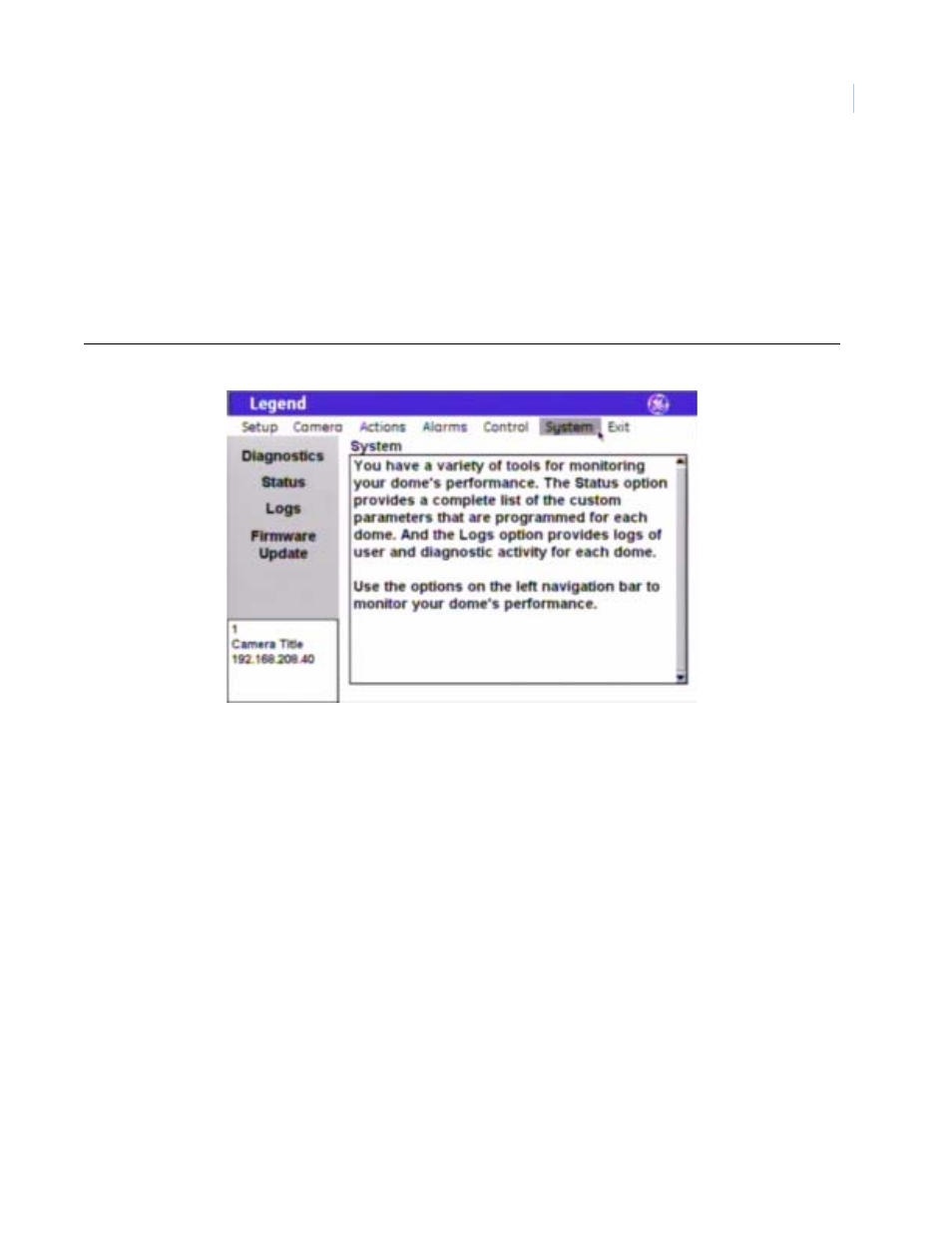 System menu, Figure 50. system menu | GE Monogram Security Legend Camera User Manual | Page 63 / 77