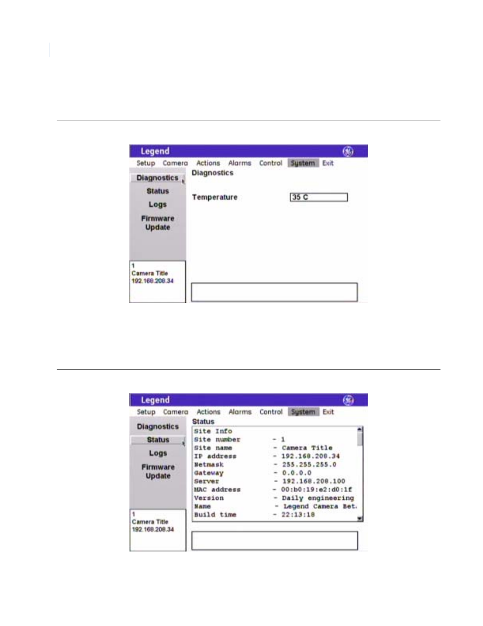 Diagnostics screen ( system | diagnostics ), Status screen ( system | status ), Figure 52. status screen ( system | status ) | GE Monogram Security Legend Camera User Manual | Page 64 / 77