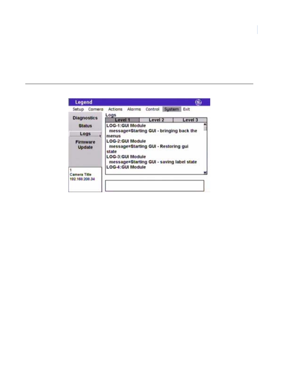 Logs screen ( system | log ), Figure 53. log screen ( system | log ), P host. see | GE Monogram Security Legend Camera User Manual | Page 65 / 77