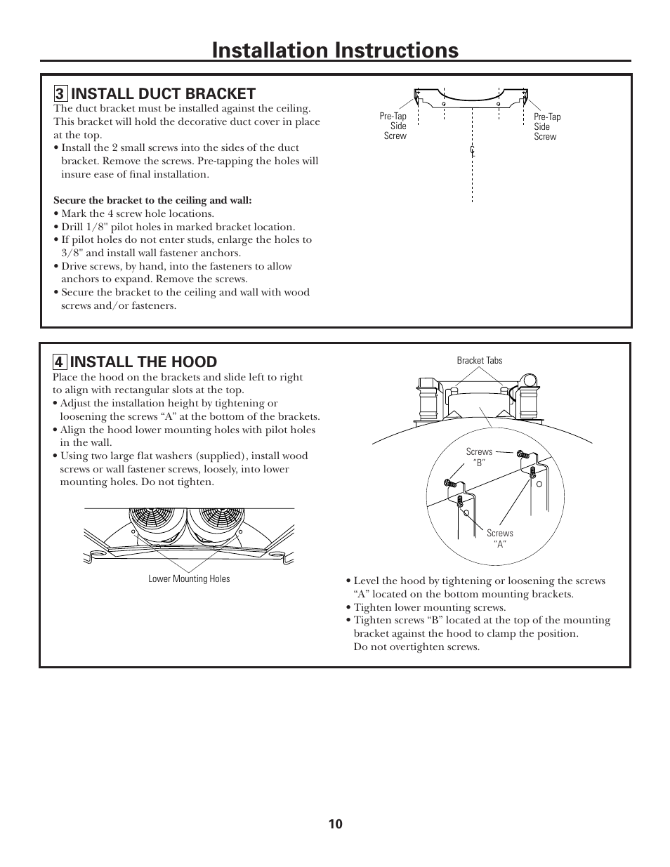 Step 3, install duct bracket, Step 4, install the hood, Installation instructions | 4 install the hood, 3 install duct bracket | GE Monogram MONOGRAM ZV950 User Manual | Page 10 / 12