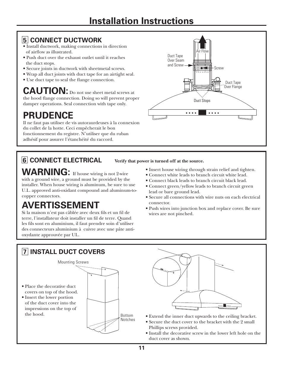 Step 5, connect ductwork, Step 6, connect electrical, Step 7, install duct covers | Installation instructions, Caution, Prudence, Warning, Avertissement | GE Monogram MONOGRAM ZV950 User Manual | Page 11 / 12