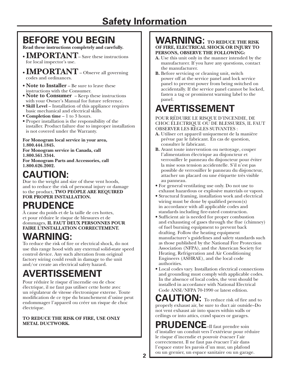 Safety information warning, Avertissement, Caution | Prudence, Before you begin, Warning, Important | GE Monogram MONOGRAM ZV950 User Manual | Page 2 / 12