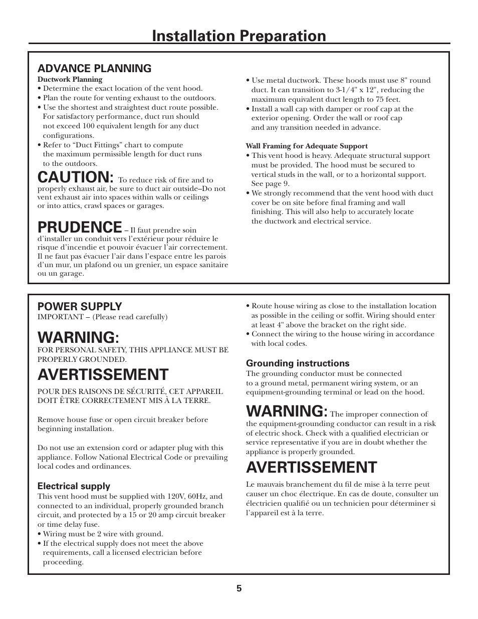 Advance planning, ductwork, framing, Power supply, Advance planning, ductwork, framing power supply | Installation preparation, Caution, Prudence, Warning, Avertissement | GE Monogram MONOGRAM ZV950 User Manual | Page 5 / 12