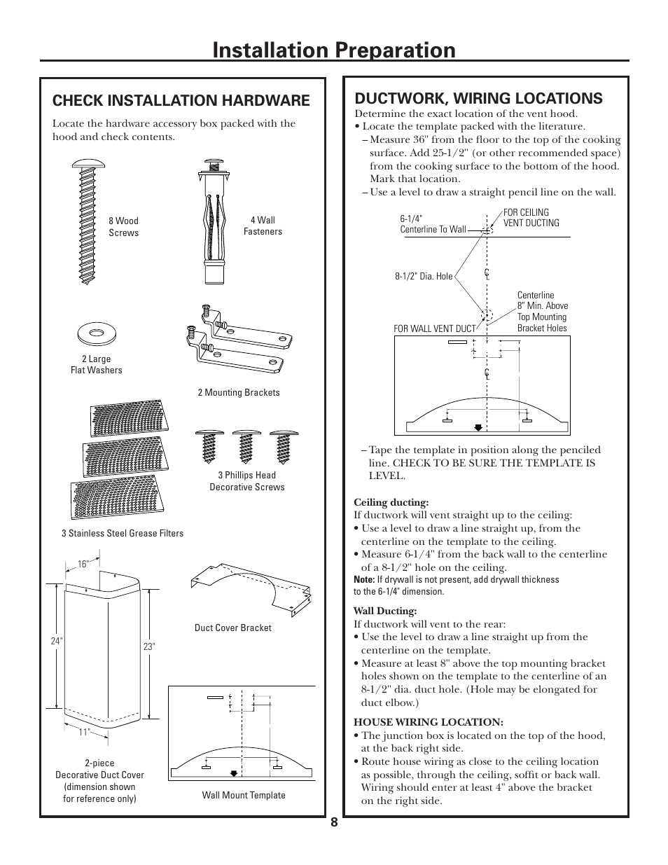 Check installation hardware, Ductwork, wiring locations, 124dia7 | 124dia6, 124dia5, 124dia9, Installation preparation | GE Monogram MONOGRAM ZV950 User Manual | Page 8 / 12