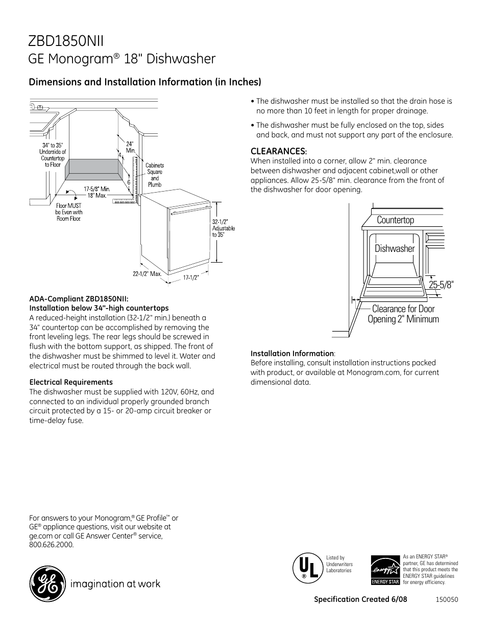 GE Monogram ZBD1850NII User Manual | 2 pages