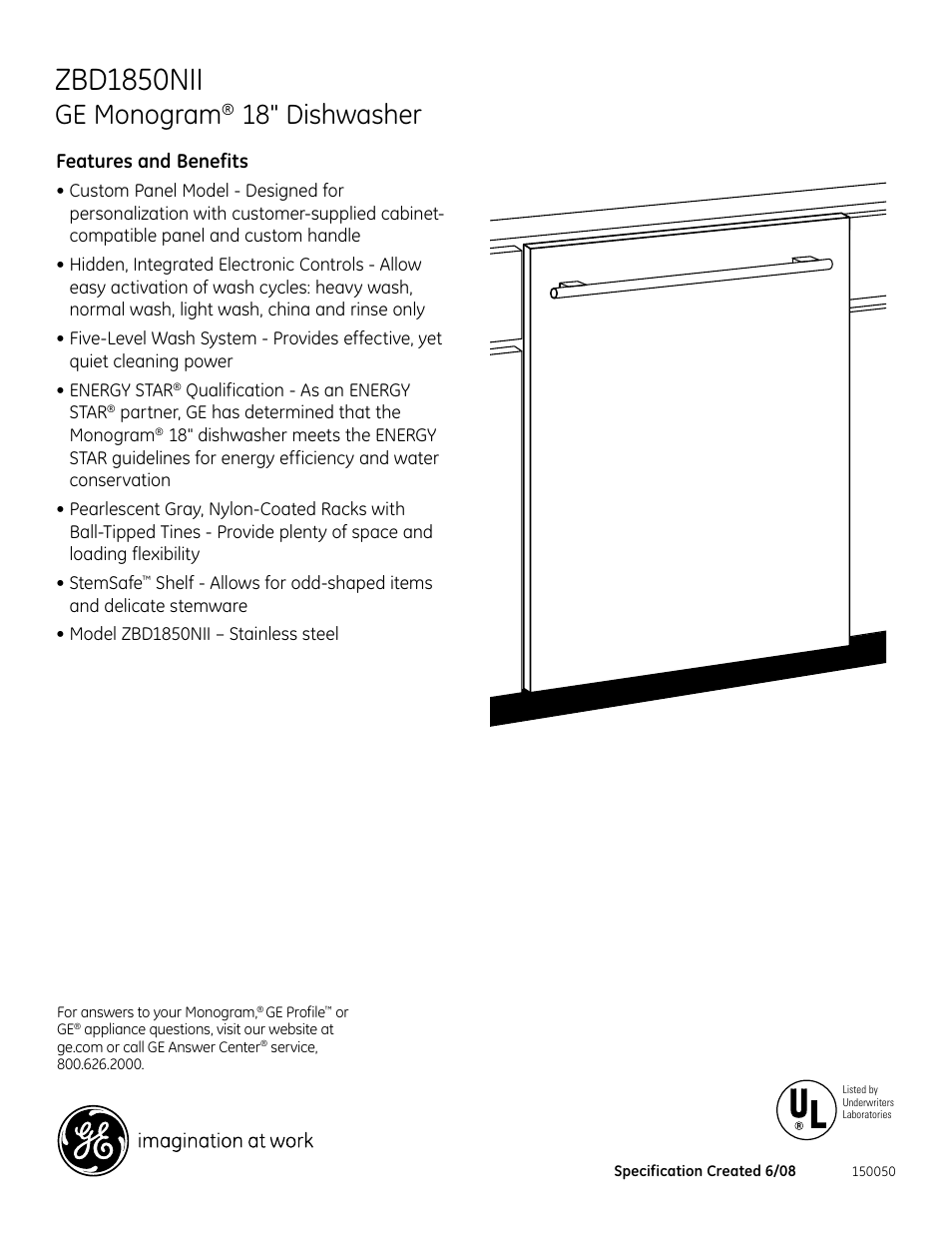 Zbd1850nii, Ge monogram, 18" dishwasher | GE Monogram ZBD1850NII User Manual | Page 2 / 2