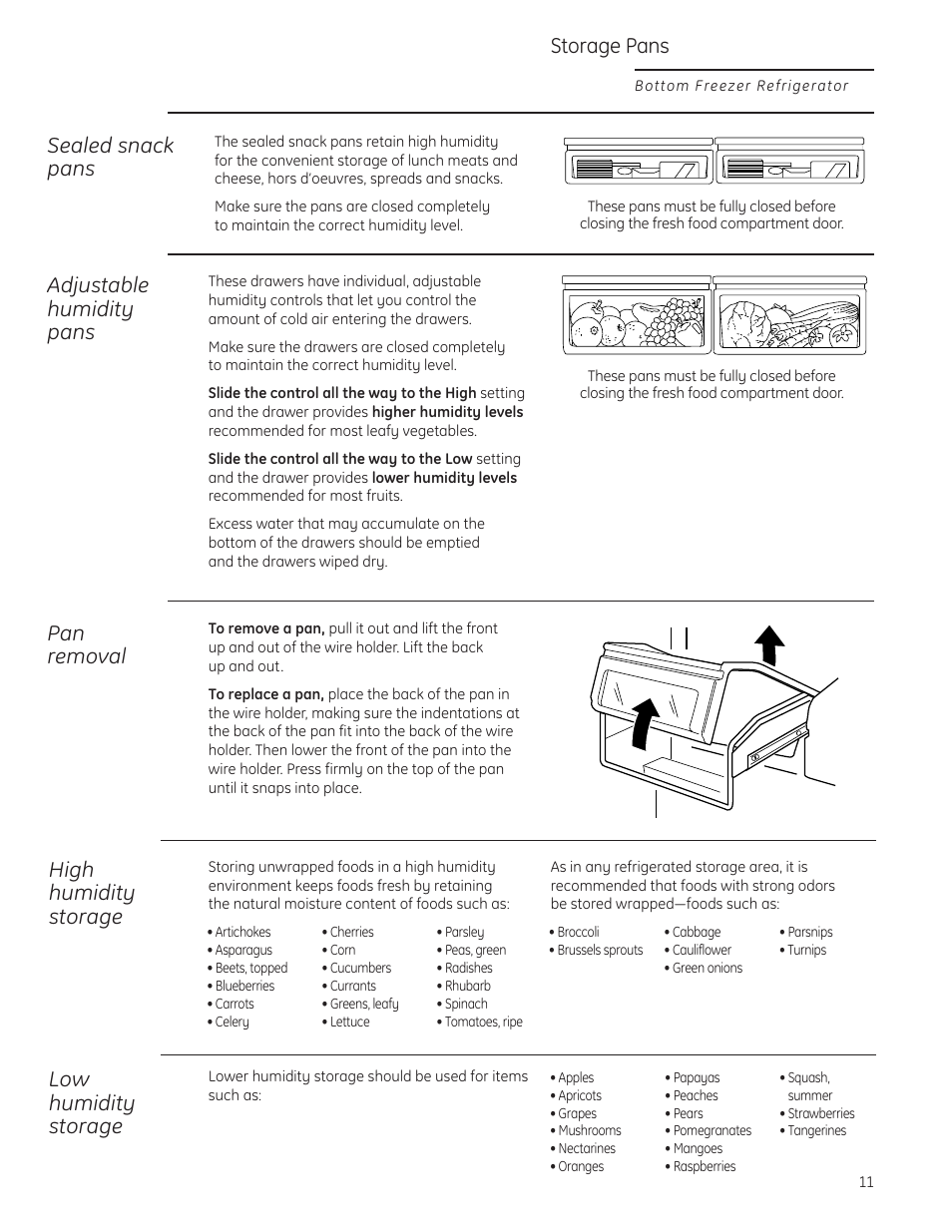 Storage pans, Sealed snack pans, Pan removal | Adjustable humidity pans, High humidity storage, Low humidity storage | GE Monogram 49-60423-2 User Manual | Page 11 / 20