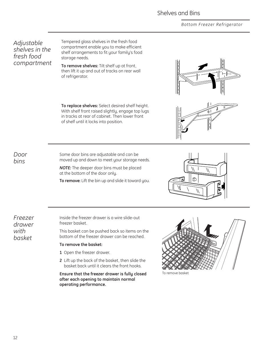 Shelves, Adjustable shelves in the fresh food compartment, Door bins | Freezer drawer with basket, Shelves and bins | GE Monogram 49-60423-2 User Manual | Page 12 / 20