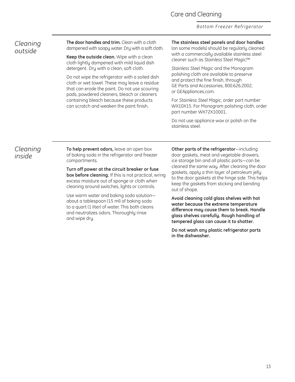 Cleaning—outside and inside, Cleaning outside, Cleaning inside | Care and cleaning | GE Monogram 49-60423-2 User Manual | Page 13 / 20