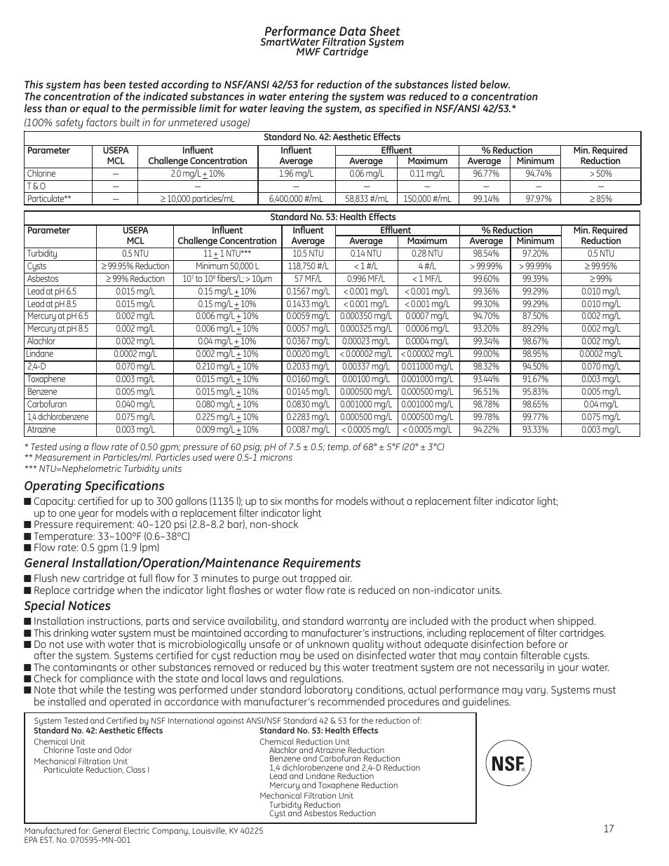 Performance data sheet, Operating specifications, Special notices | GE Monogram 49-60423-2 User Manual | Page 17 / 20