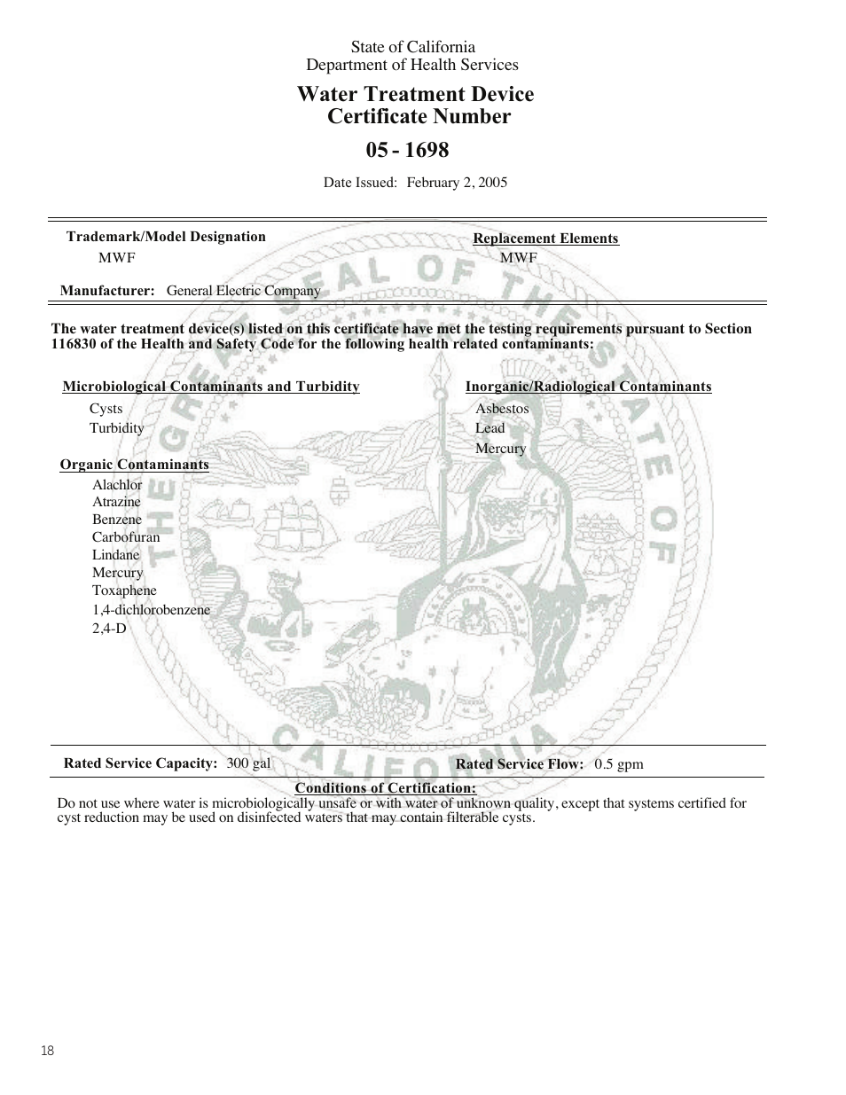 Water treatment device certificate number | GE Monogram 49-60423-2 User Manual | Page 18 / 20