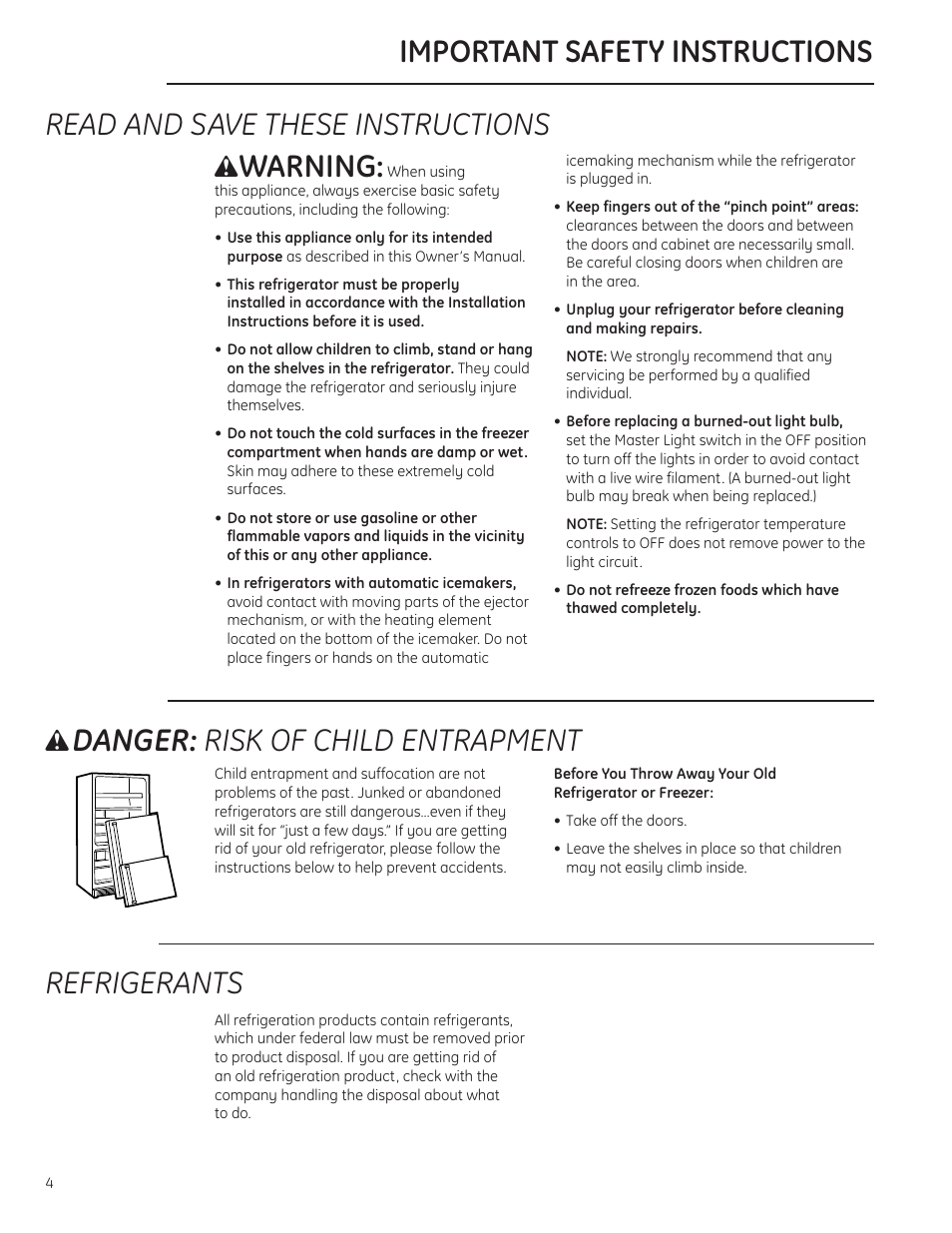 Safety instructions, Safety instructions –7, Read and save these instructions | Warning, Danger: risk of child entrapment, Refrigerants, Important safety instructions | GE Monogram 49-60423-2 User Manual | Page 4 / 20