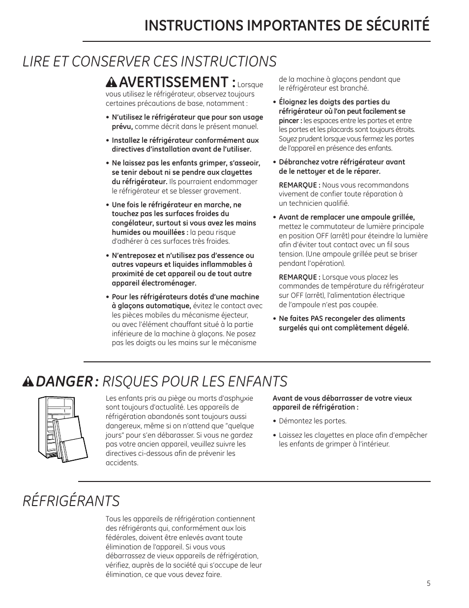 Lire et conserver ces instructions, Avertissement, Danger : risques pour les enfants | Réfrigérants, Instructions importantes de sécurité | GE Monogram 49-60423-2 User Manual | Page 5 / 20
