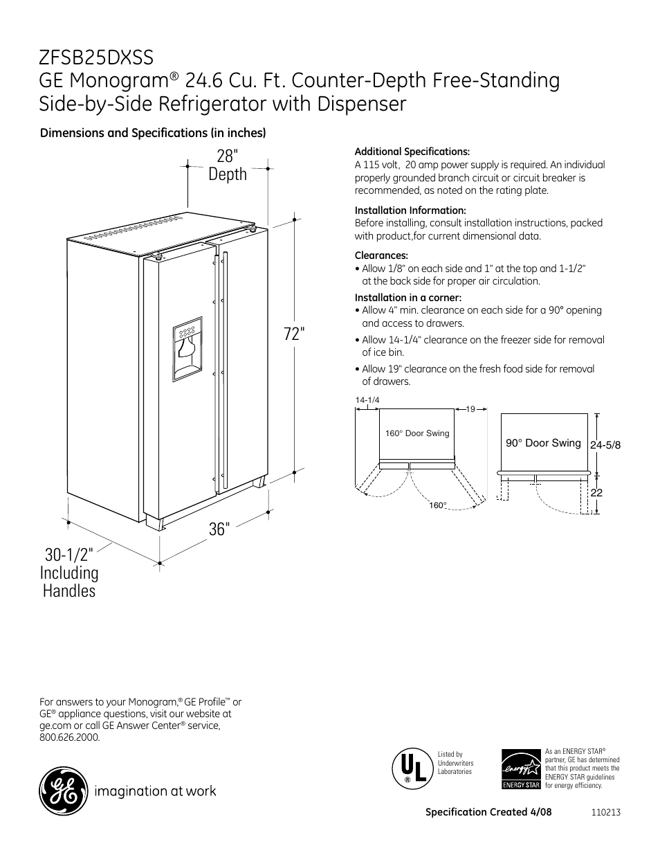 GE Monogram ZFSB25DXSS User Manual | 2 pages