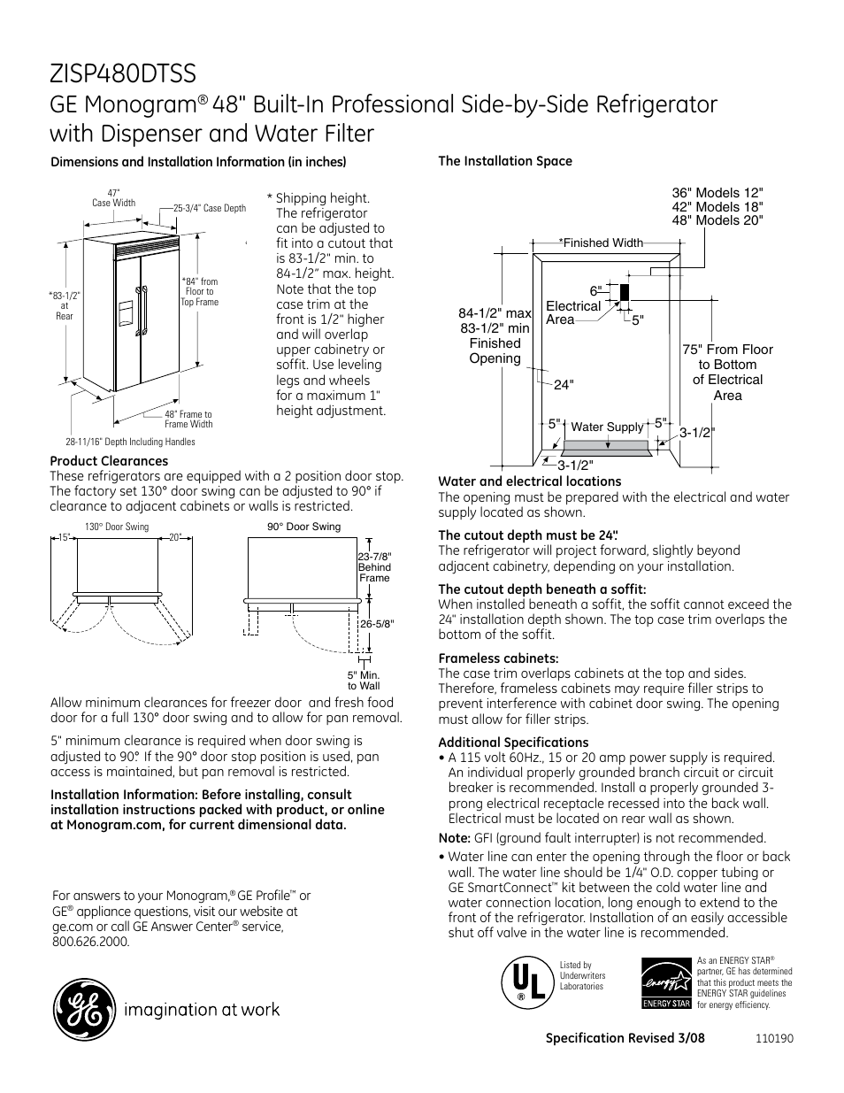 GE Monogram ZISP480DTSS User Manual | 2 pages