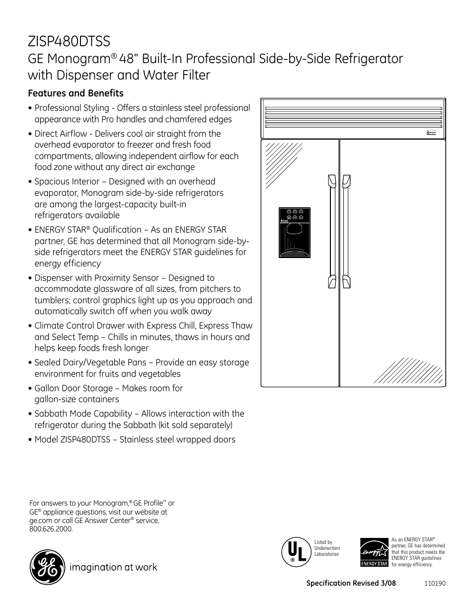 Zisp480dtss, Ge monogram, Features and benefits | GE Monogram ZISP480DTSS User Manual | Page 2 / 2