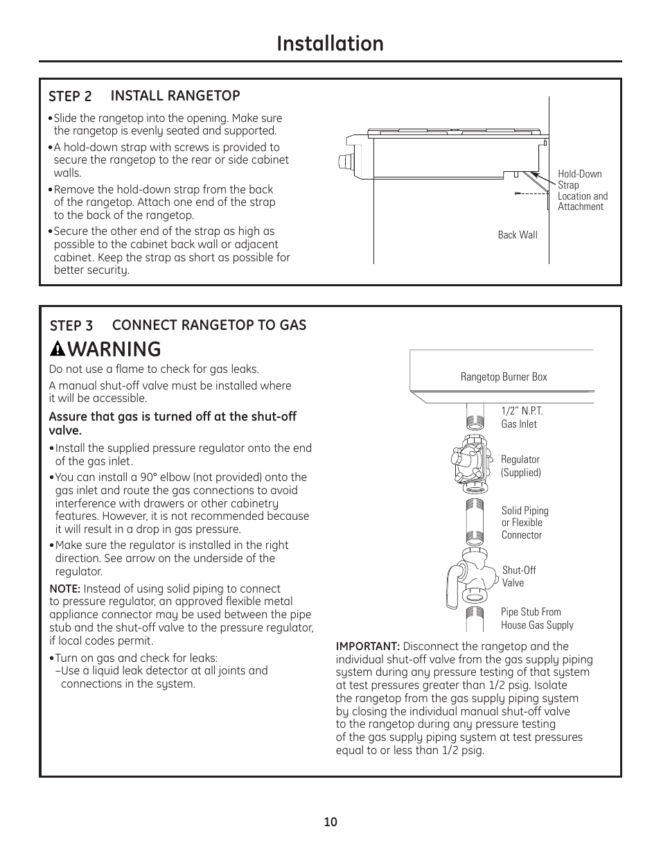 Step 2, install the rangetop, Step 3, connect rangetop to gas, Installation | Warning | GE Monogram Professional Rangetop User Manual | Page 10 / 52