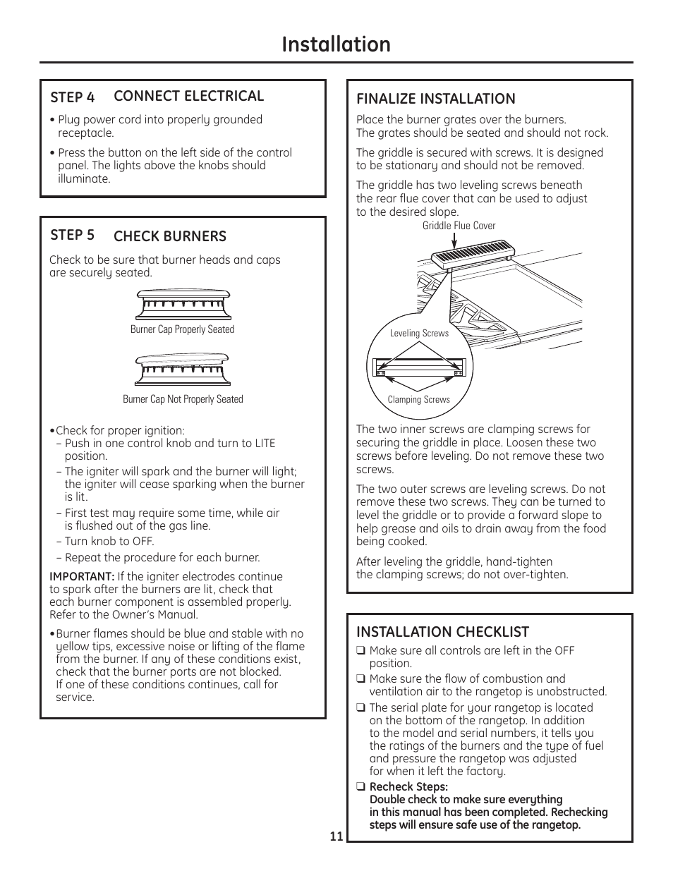 Step 4, connect electrical, Step 5, check burners, Finalize installation | Installation checklist, Installation | GE Monogram Professional Rangetop User Manual | Page 11 / 52