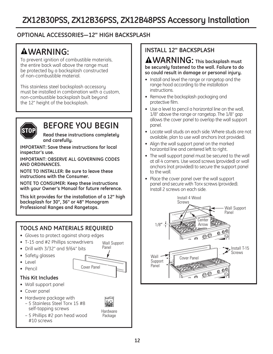 Install the rangetop backsplash accessory, Warning, Before you begin | GE Monogram Professional Rangetop User Manual | Page 12 / 52