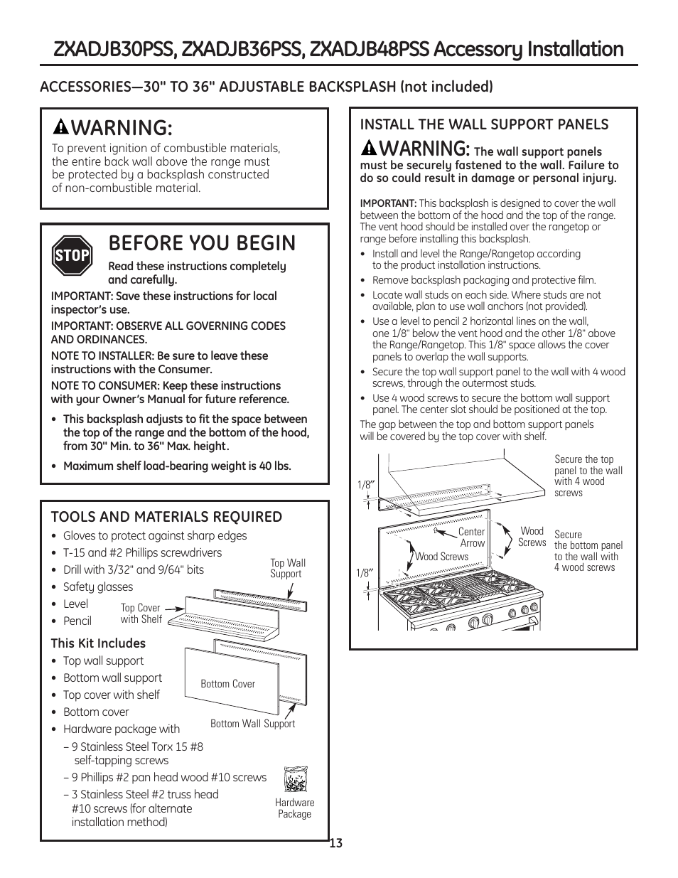 Install the adjustablebacksplash accessory, Install the adjustable backsplash accessory , 14, Warning | Before you begin, Tools and materials required, Install the wall support panels | GE Monogram Professional Rangetop User Manual | Page 13 / 52