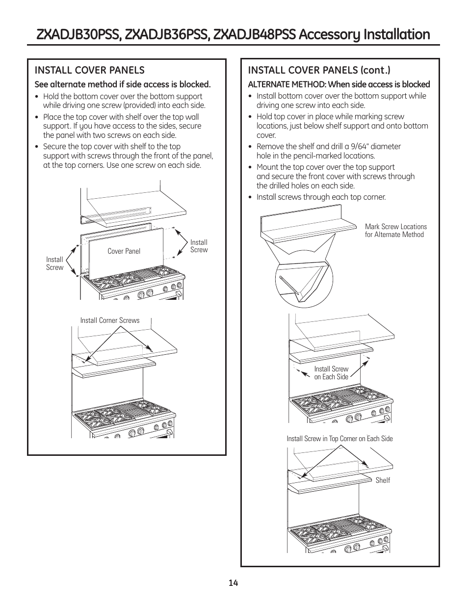 Install cover panels (cont.), Install cover panels | GE Monogram Professional Rangetop User Manual | Page 14 / 52