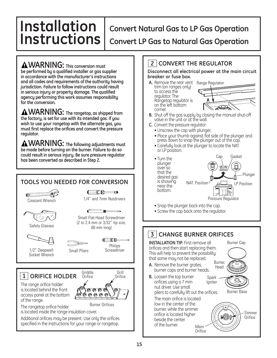 Gas conversion, Gas conversion , 18, Installation | Instructions, Warning, Convert natural gas to lp gas operation, Convert lp gas to natural gas operation, 2change burner orifices, Orifice holder | GE Monogram Professional Rangetop User Manual | Page 15 / 52