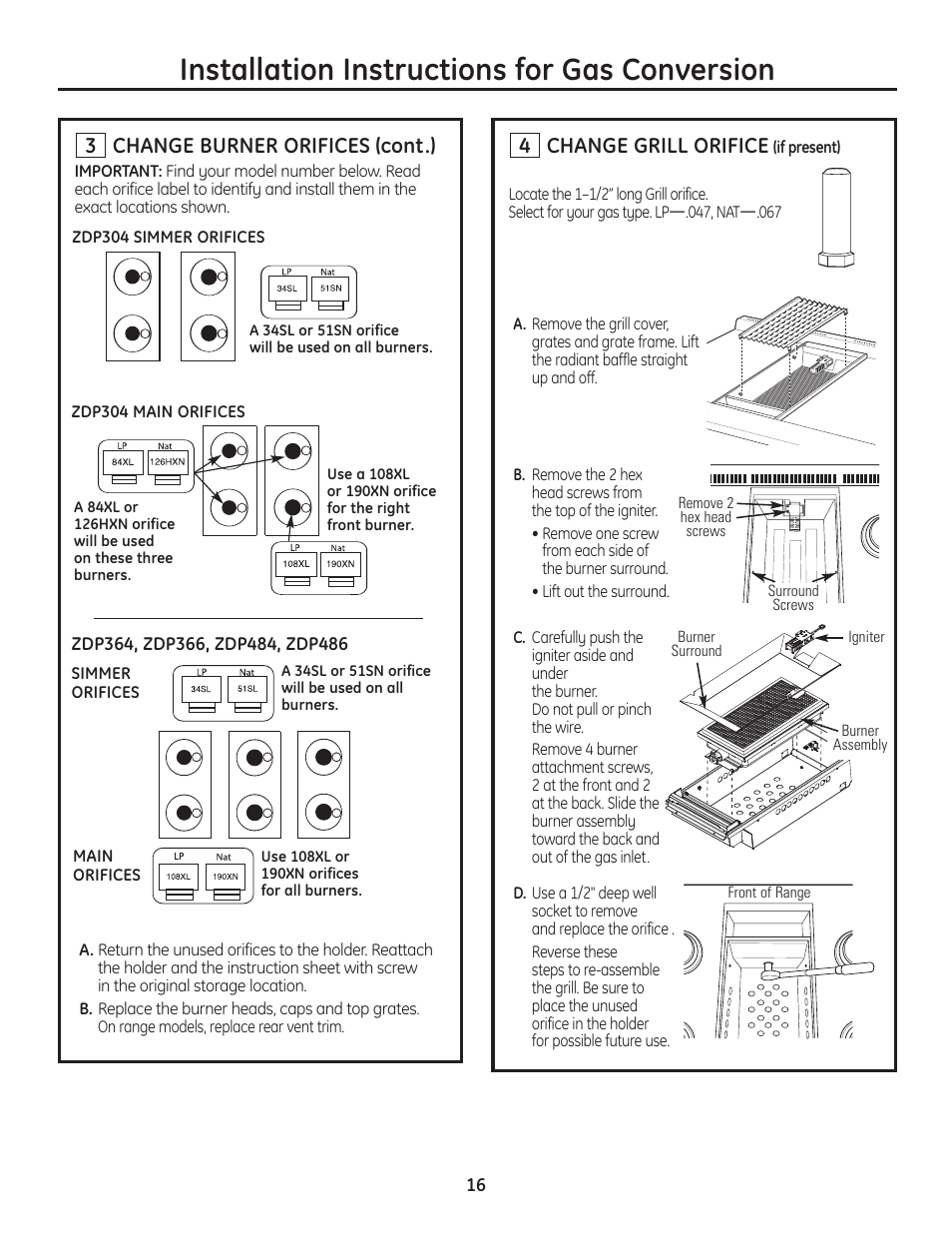 Installation instructions for gas conversion, Change grill orifice, Change burner orifices (cont.) | GE Monogram Professional Rangetop User Manual | Page 16 / 52