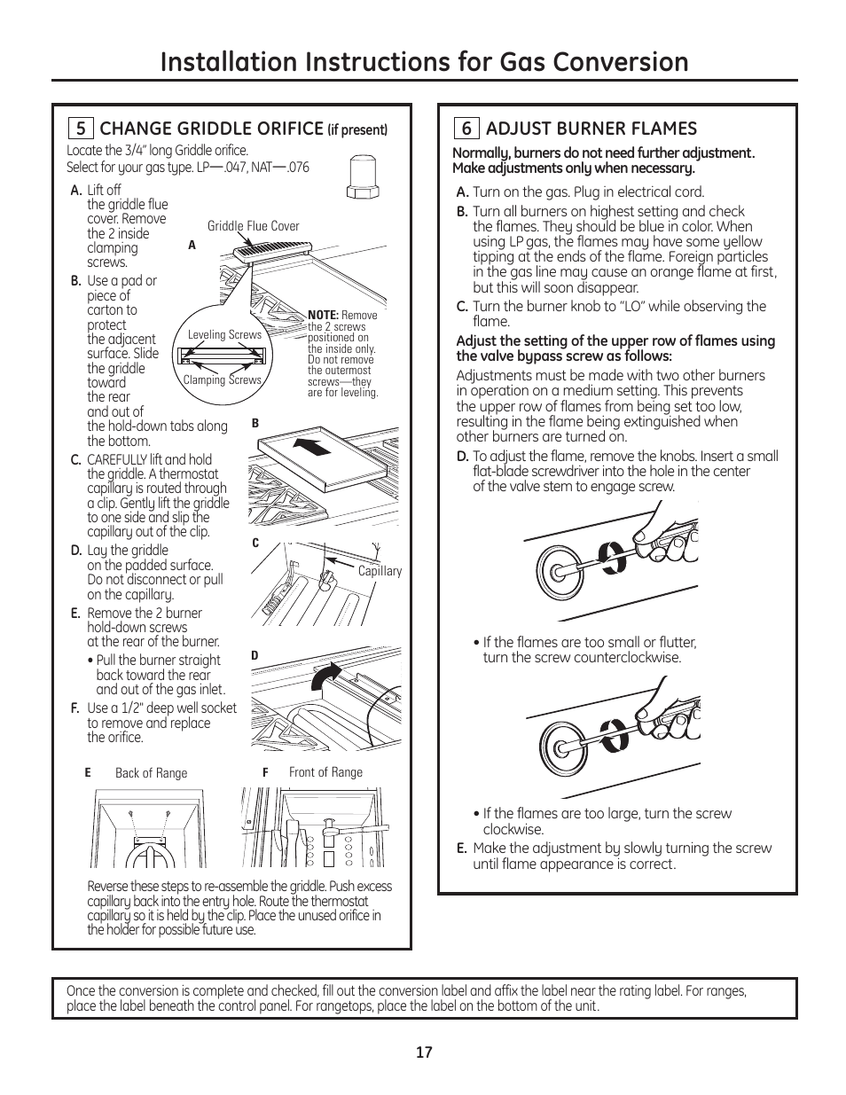 Installation instructions for gas conversion, Change griddle orifice, Adjust burner flames | GE Monogram Professional Rangetop User Manual | Page 17 / 52