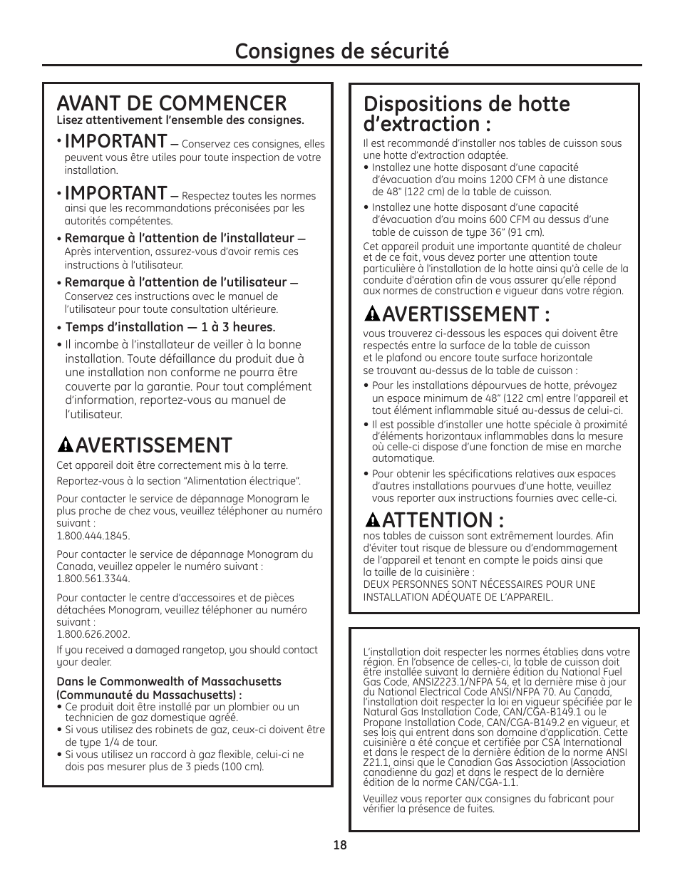 Consignes de sécurité avant de commencer, Avertissement, Dispositions de hotte d’extraction | Attention, Important | GE Monogram Professional Rangetop User Manual | Page 18 / 52