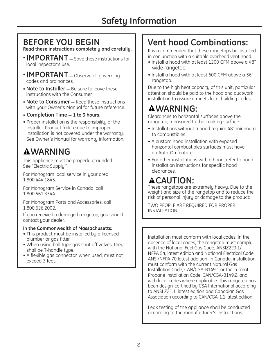 Safety information before you begin, Warning, Vent hood combinations | Caution, Important | GE Monogram Professional Rangetop User Manual | Page 2 / 52
