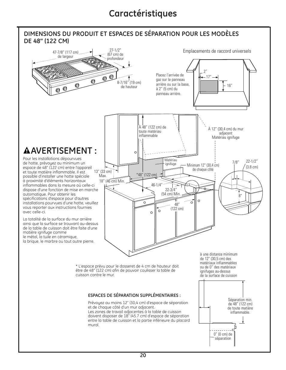 Caractéristiques, Avertisement | GE Monogram Professional Rangetop User Manual | Page 20 / 52