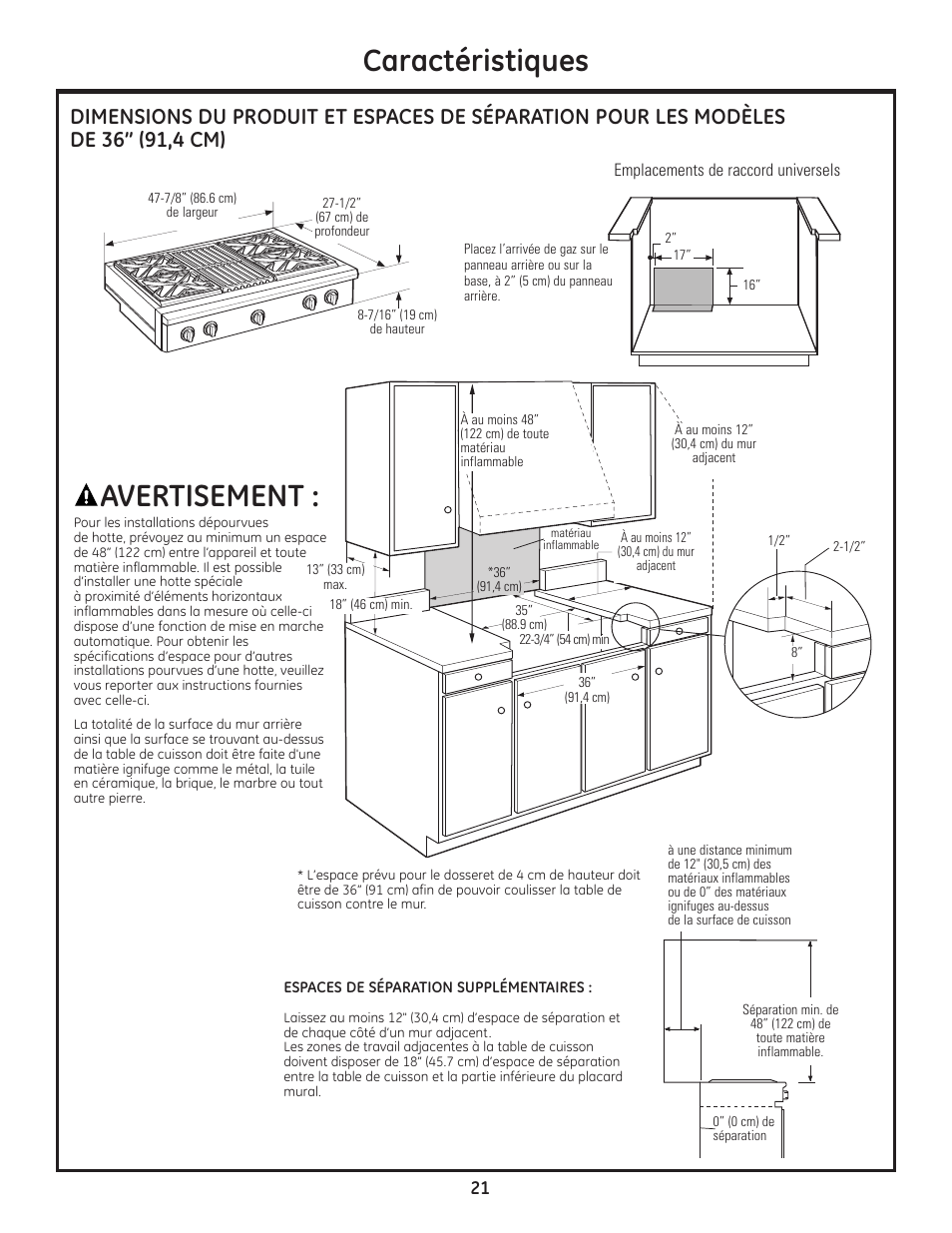 Caractéristiques, Avertisement | GE Monogram Professional Rangetop User Manual | Page 21 / 52