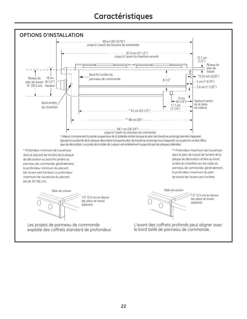 Options d’installation, Caractéristiques, Options d'installation | GE Monogram Professional Rangetop User Manual | Page 22 / 52