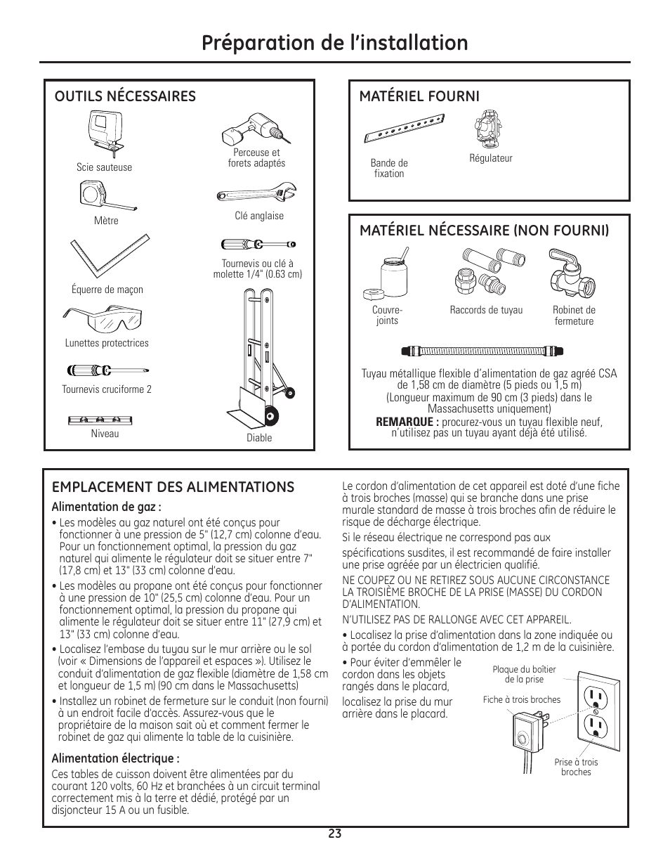 Outils et matériel requis, Emplacement des alimentations, Préparation de l’installation | Matériel fourni, Outils nécessaires, Matériel nécessaire (non fourni) | GE Monogram Professional Rangetop User Manual | Page 23 / 52