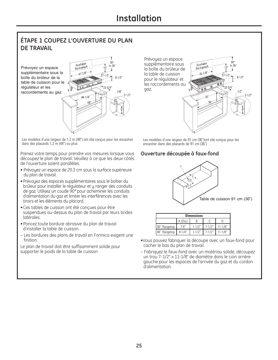 Installation, Étape 1 coupez l’ouverture du plan de travail, Ouverture découpée à faux-fond | GE Monogram Professional Rangetop User Manual | Page 25 / 52